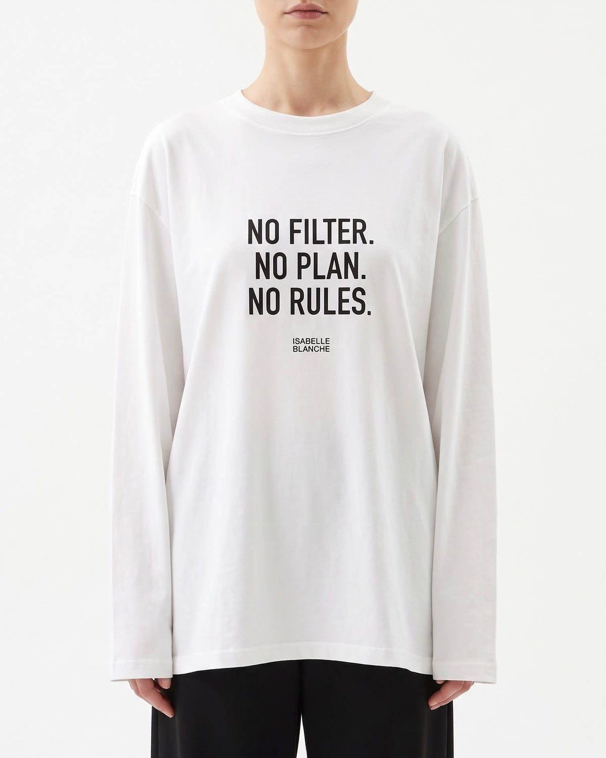 T-Shirt a Manica Lunga Isabelle Blanche con Stampa “No Filter, No Plan, No Rules” Ecrù e Nera