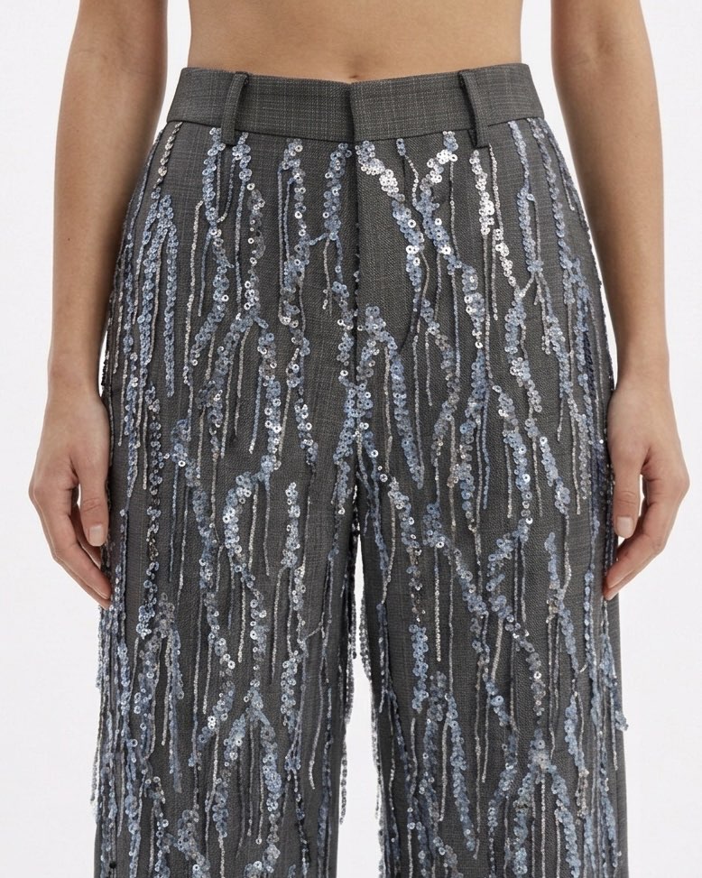 Pantalone Isabelle Blanche Antracite in Tessuto Fiammato con Paillettes
