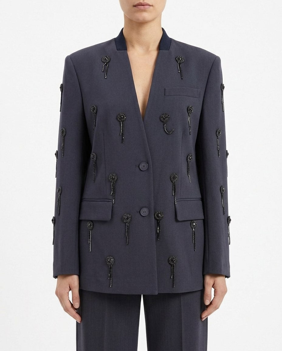 Giacca Isabelle Blanche Antracite Senza Collo con Ricami Strass