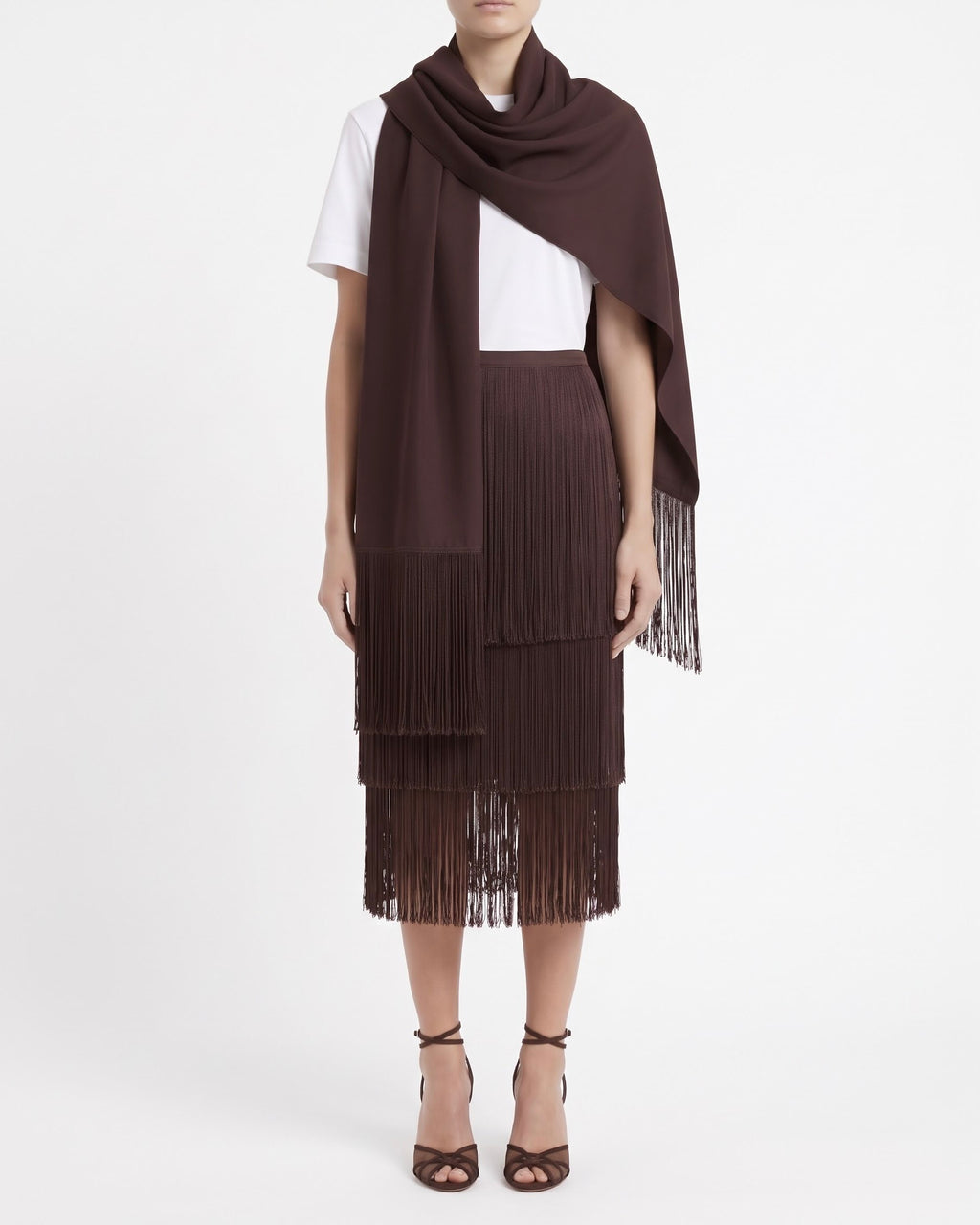 Sciarpa Isabelle Blanche in Raso Marrone Java con Frange