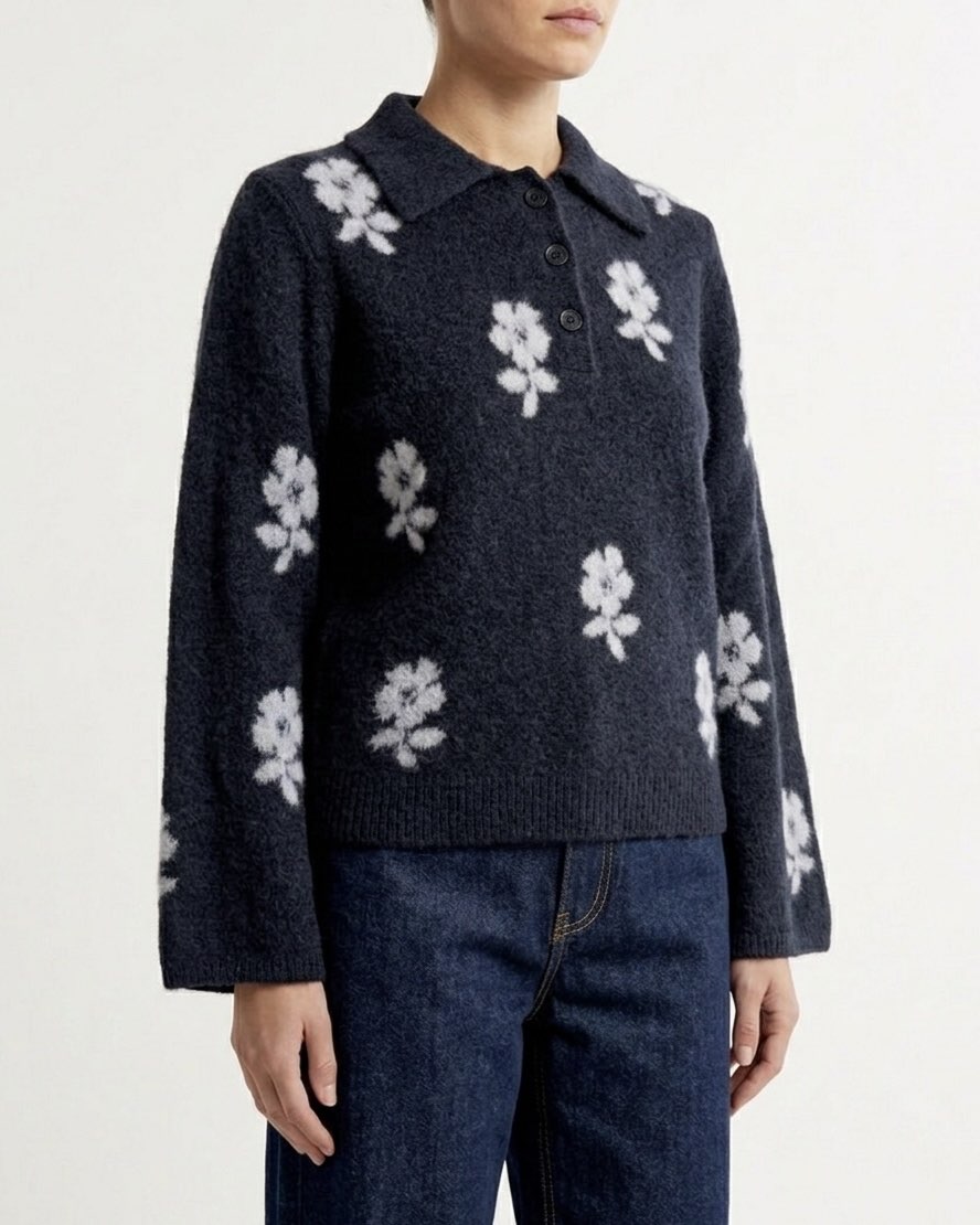 Polo in Maglia Isabelle Blanche Jacquard Floreale in Lana e Yak