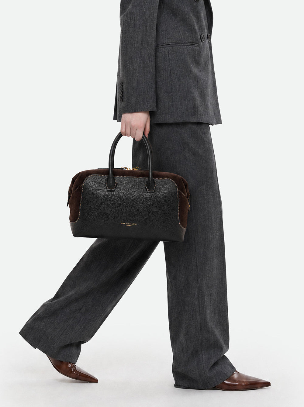 Borsa a Mano Gianni Chiarini Gemma Grande in Pelle Martellata e Camoscio Nero e Moka