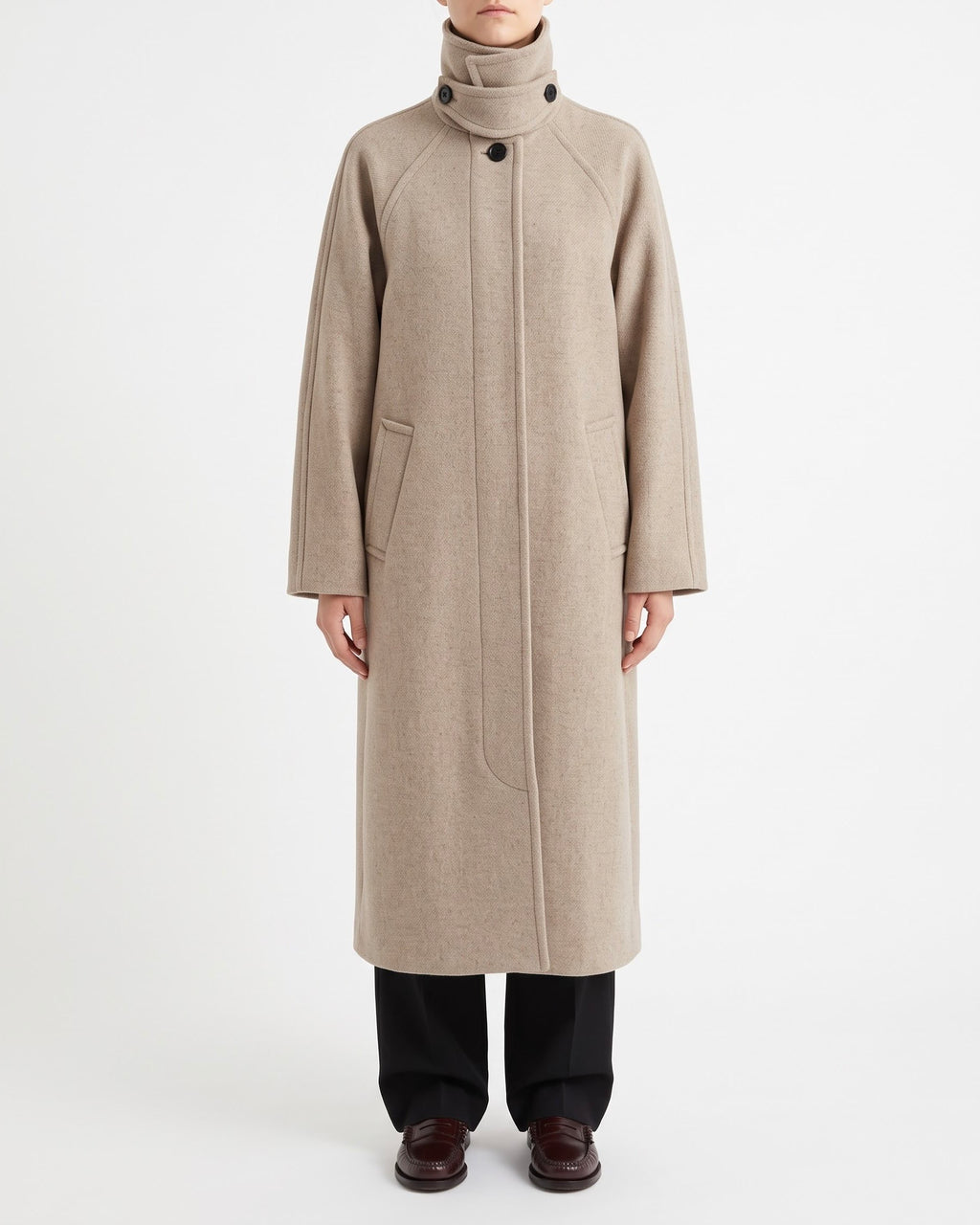 Cappotto Lungo Selected Femme Beige in Misto Lana Riciclata con Collo Alto