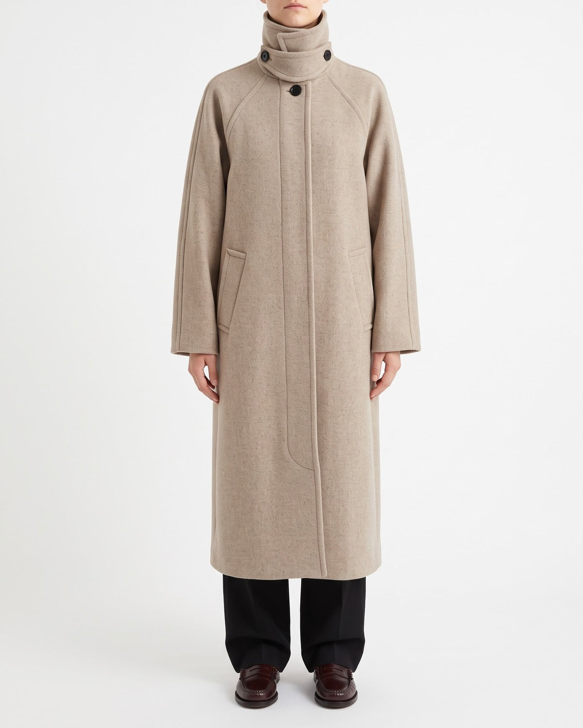 Cappotto Lungo Selected Femme Beige in Misto Lana Riciclata con Collo Alto