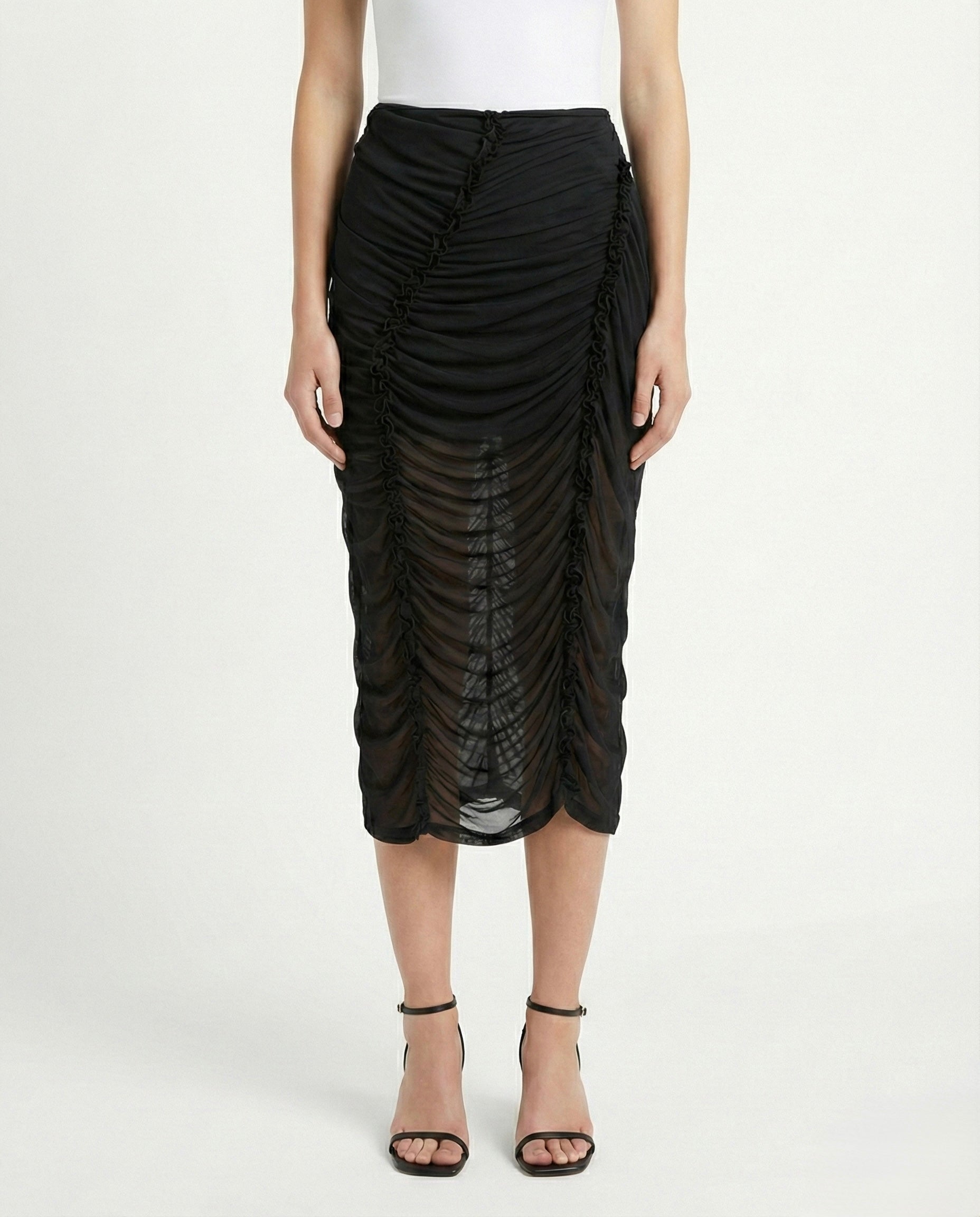Gonna midi semi trasparente con arricciature