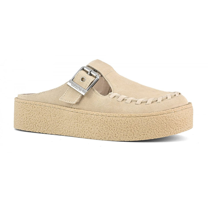 Sabot platform in suede con fibbia e cuciture
