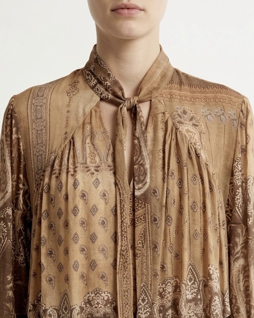 Blusa H2O Italia Stampata Beige e Marrone con Fusciacca al Collo