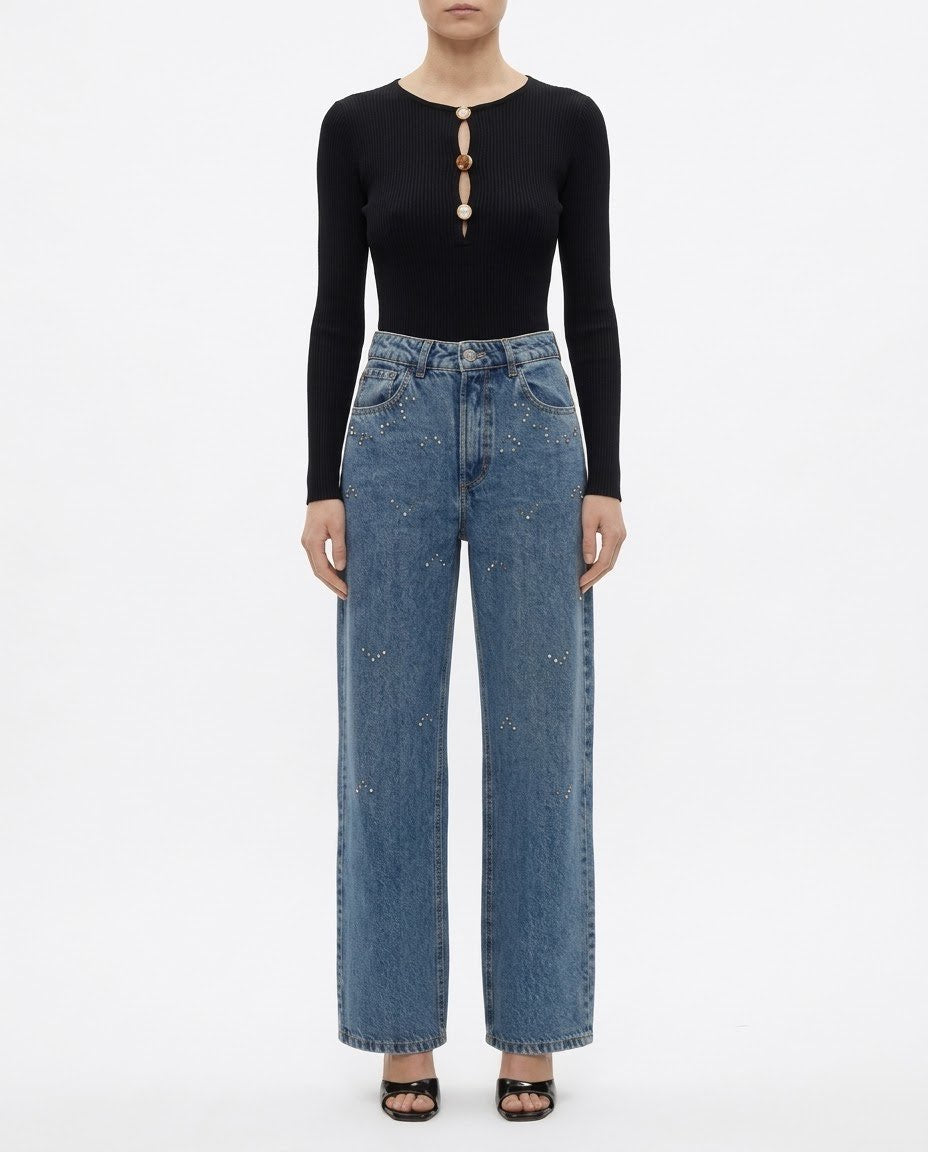 Jeans H2O Italia Wide Leg Blu con Dettagli Ricamati