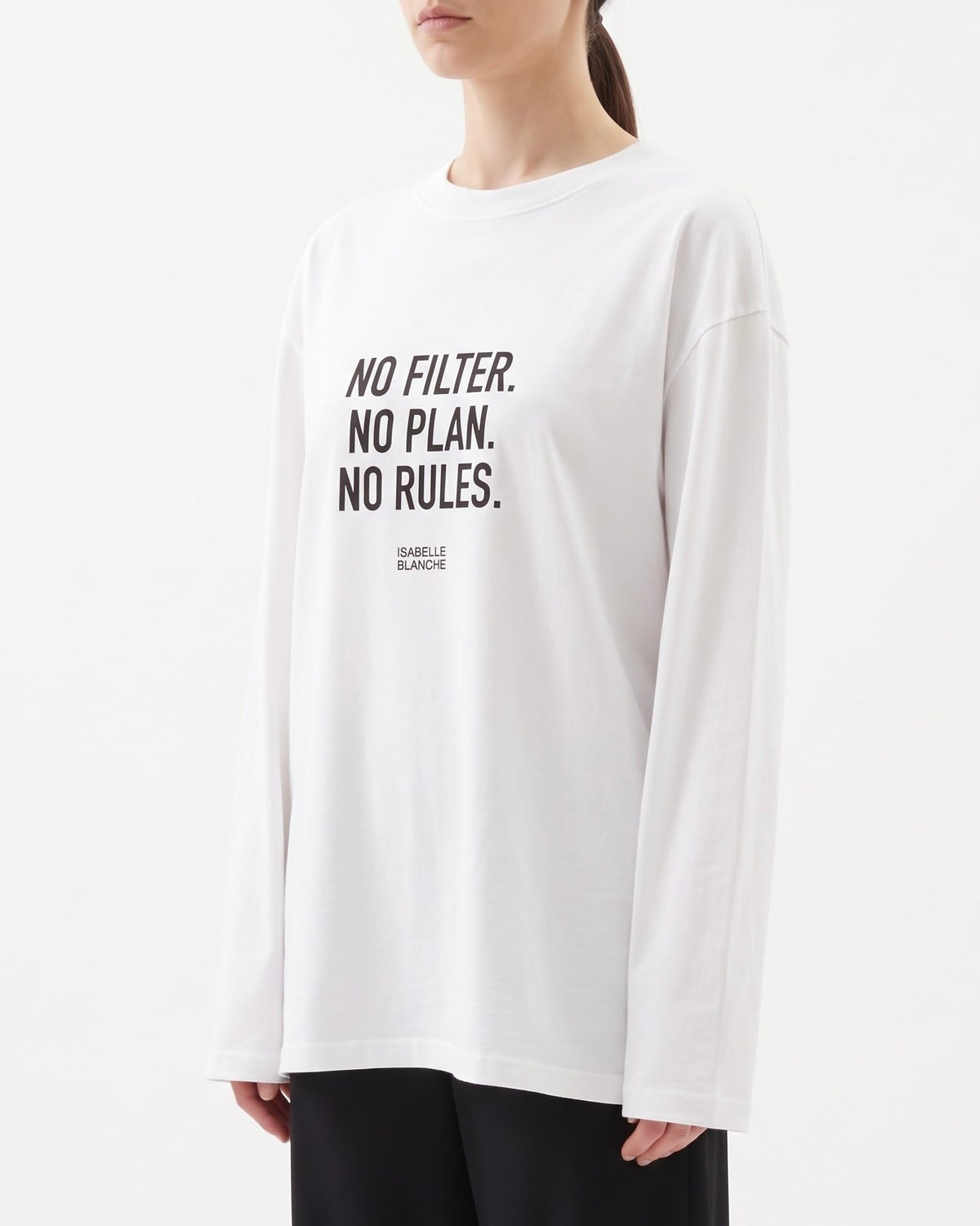 T-Shirt a Manica Lunga Isabelle Blanche con Stampa “No Filter, No Plan, No Rules” Ecrù e Nera