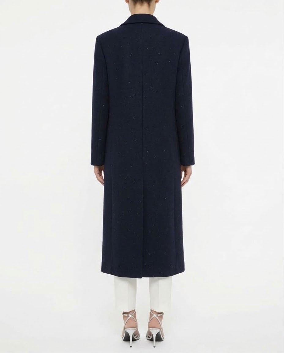 Cappotto Lungo H2O Italia in Misto Lana Blu Navy con Micro Paillettes