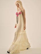 Abito Lungo Crema con Rose