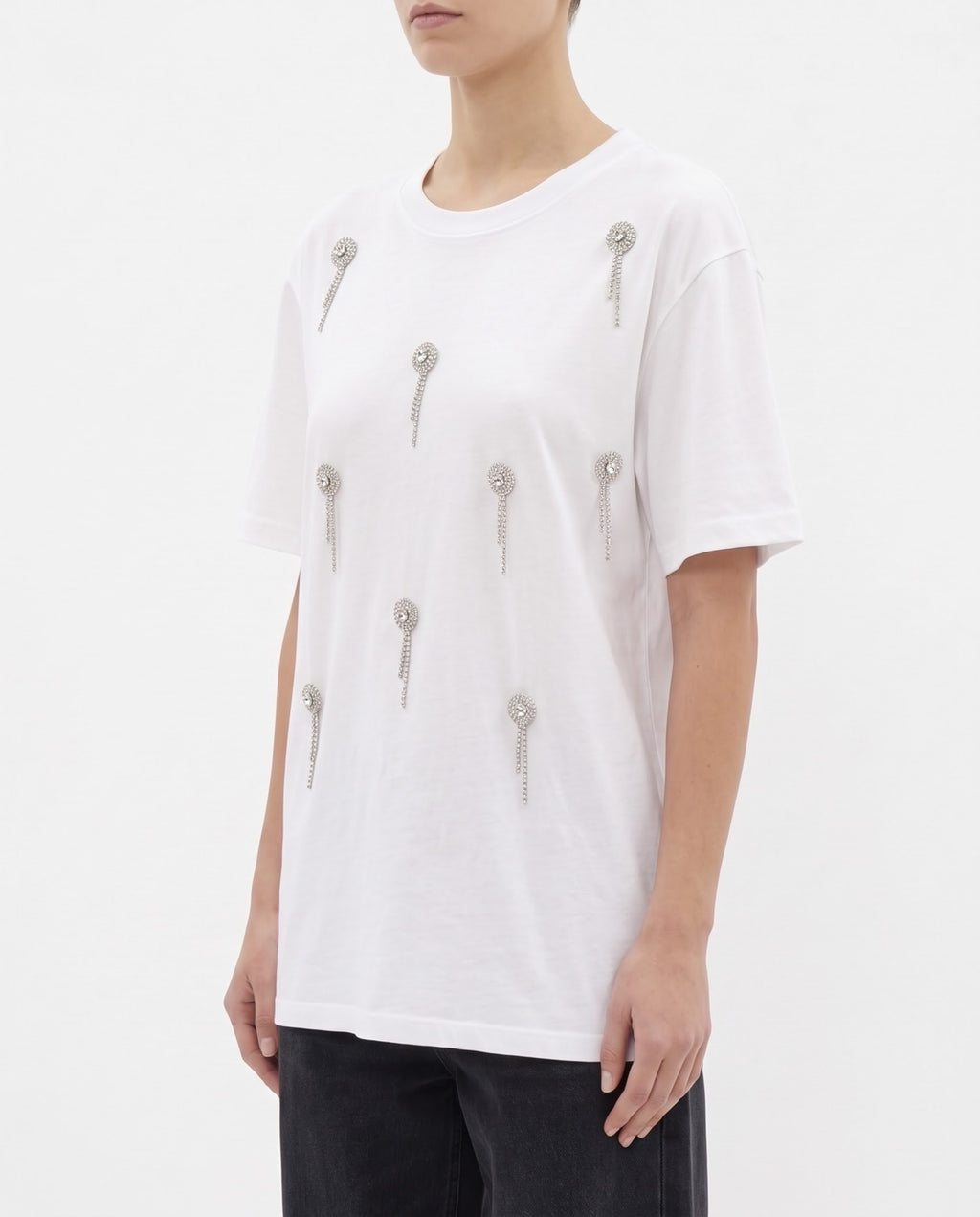 T-Shirt Isabelle Blanche a Manica Corta con Ricami Strass Ecrù e Nera