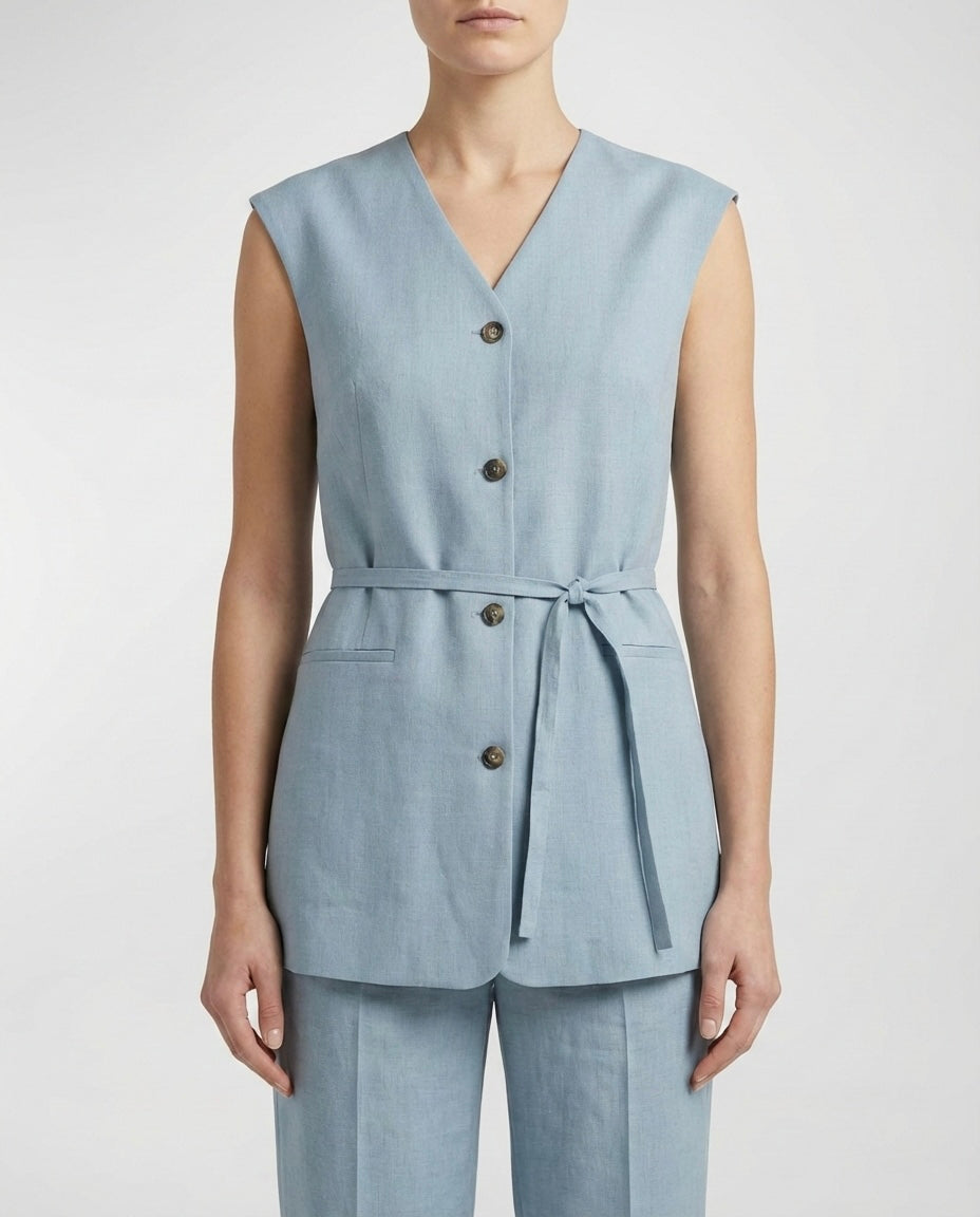 Gilet lungo in lino celeste con cintura