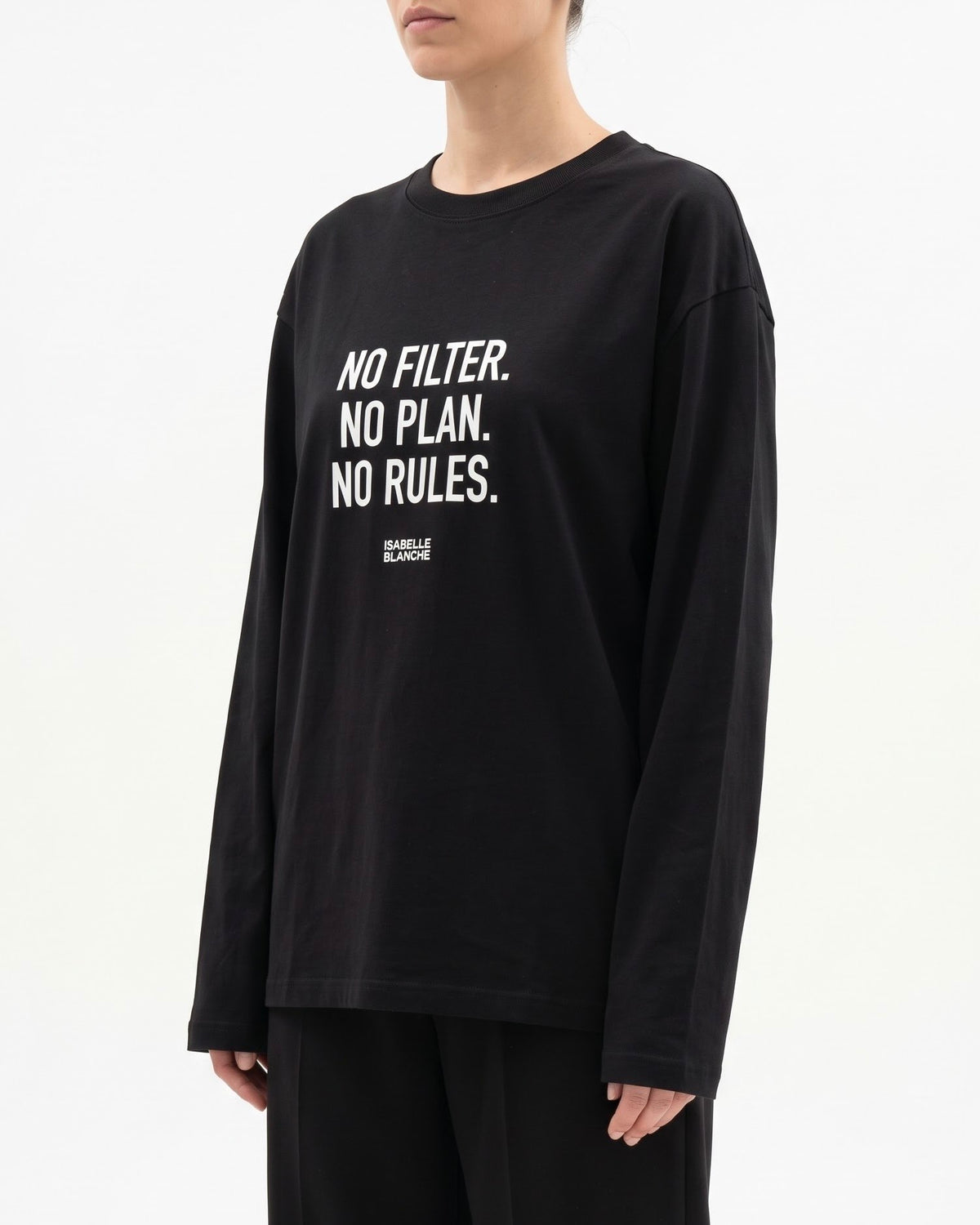 T-Shirt a Manica Lunga Isabelle Blanche con Stampa “No Filter, No Plan, No Rules” Ecrù e Nera