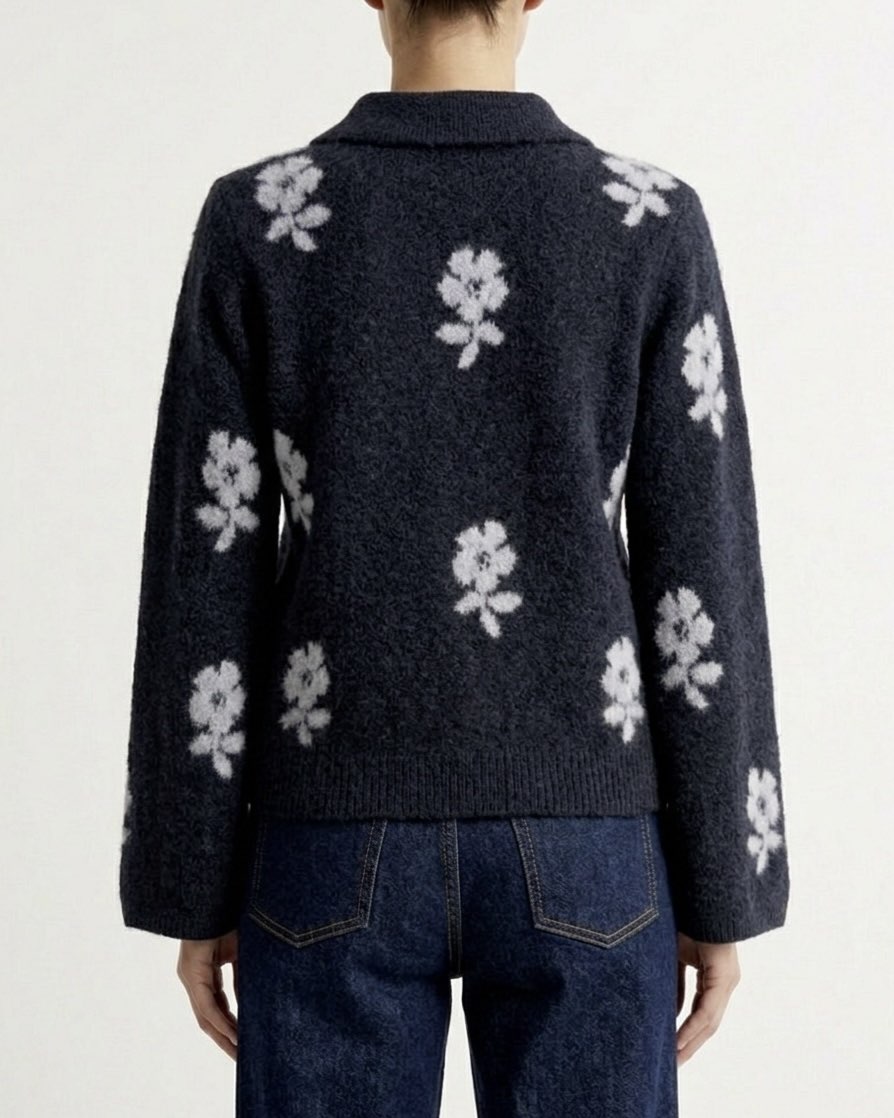 Polo in Maglia Isabelle Blanche Jacquard Floreale in Lana e Yak
