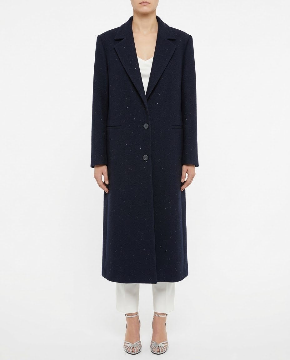 Cappotto Lungo H2O Italia in Misto Lana Blu Navy con Micro Paillettes