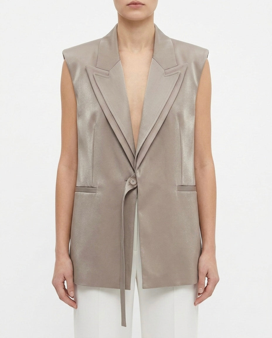 Gilet lungo in tessuto fluido con revers