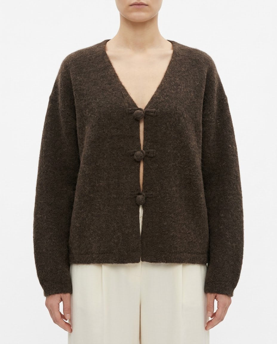 Cardigan Selected Femme in Lana RWS e Alpaca Marrone con Chiusura a Alamari