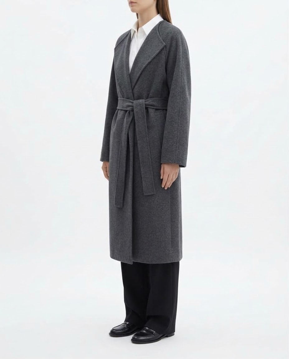 Cappotto Lungo Selected Femme Grigio Antracite in Misto Lana Riciclata con Cintura