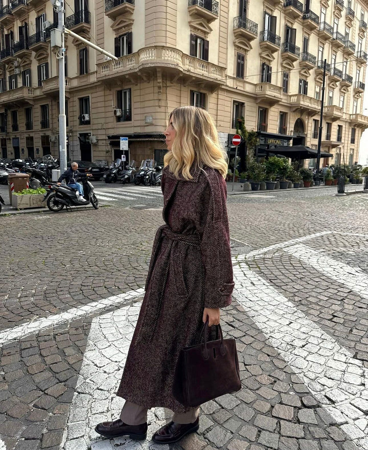 Cappotto lungo in tweed bordeaux