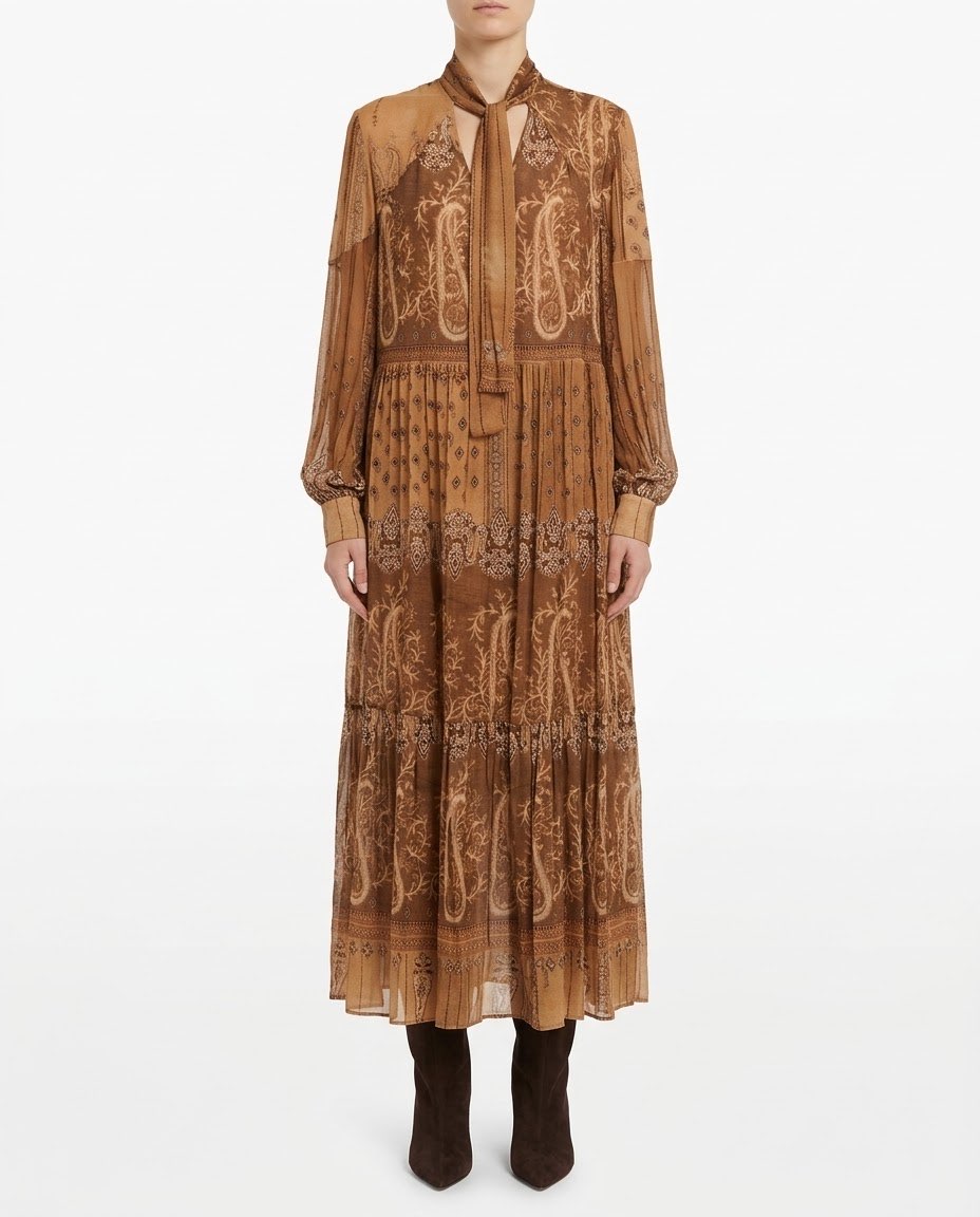 Abito Lungo H2O Italia in Viscosa e Lana con Stampa Paisley Beige