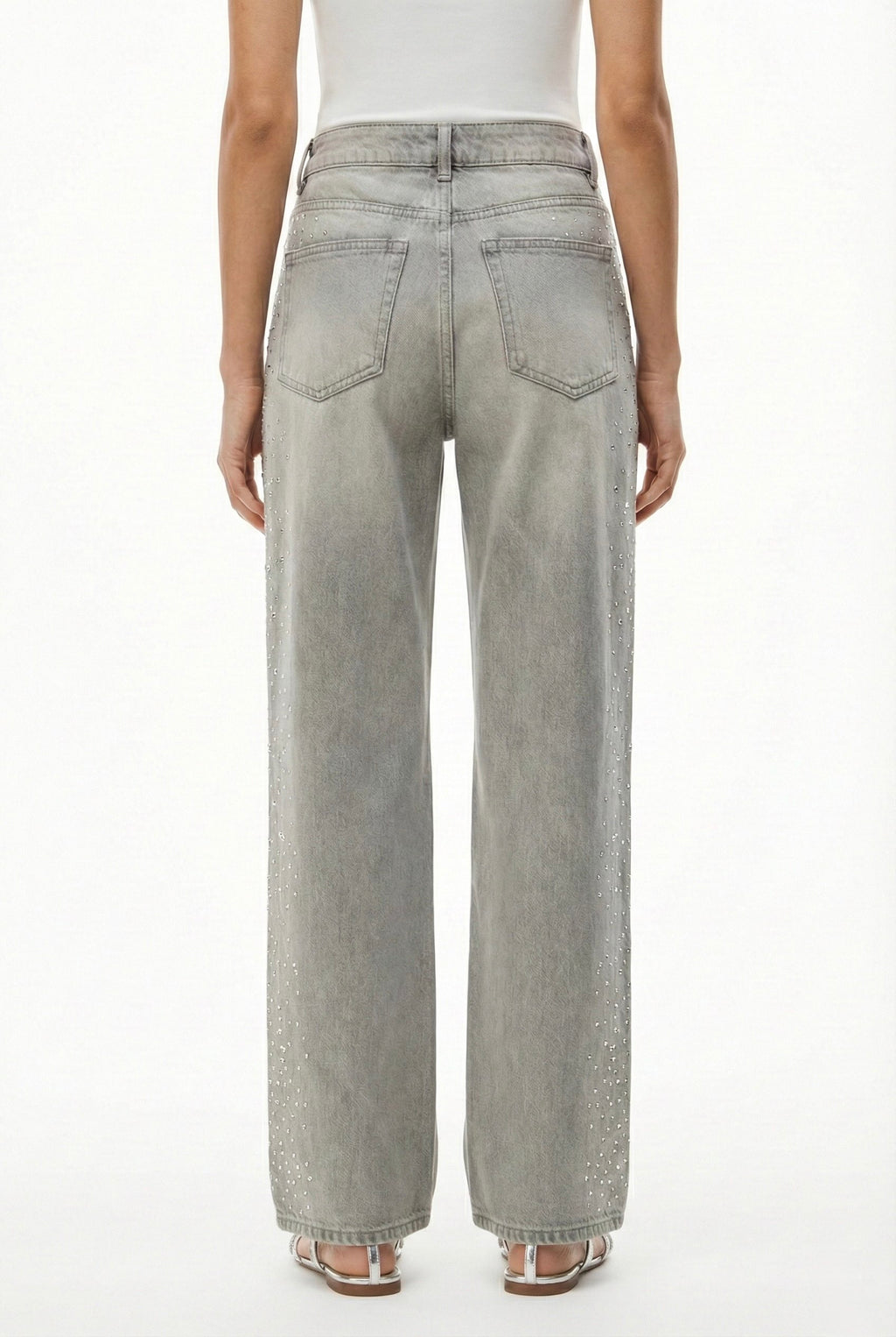 Jeans beige con strass laterali
