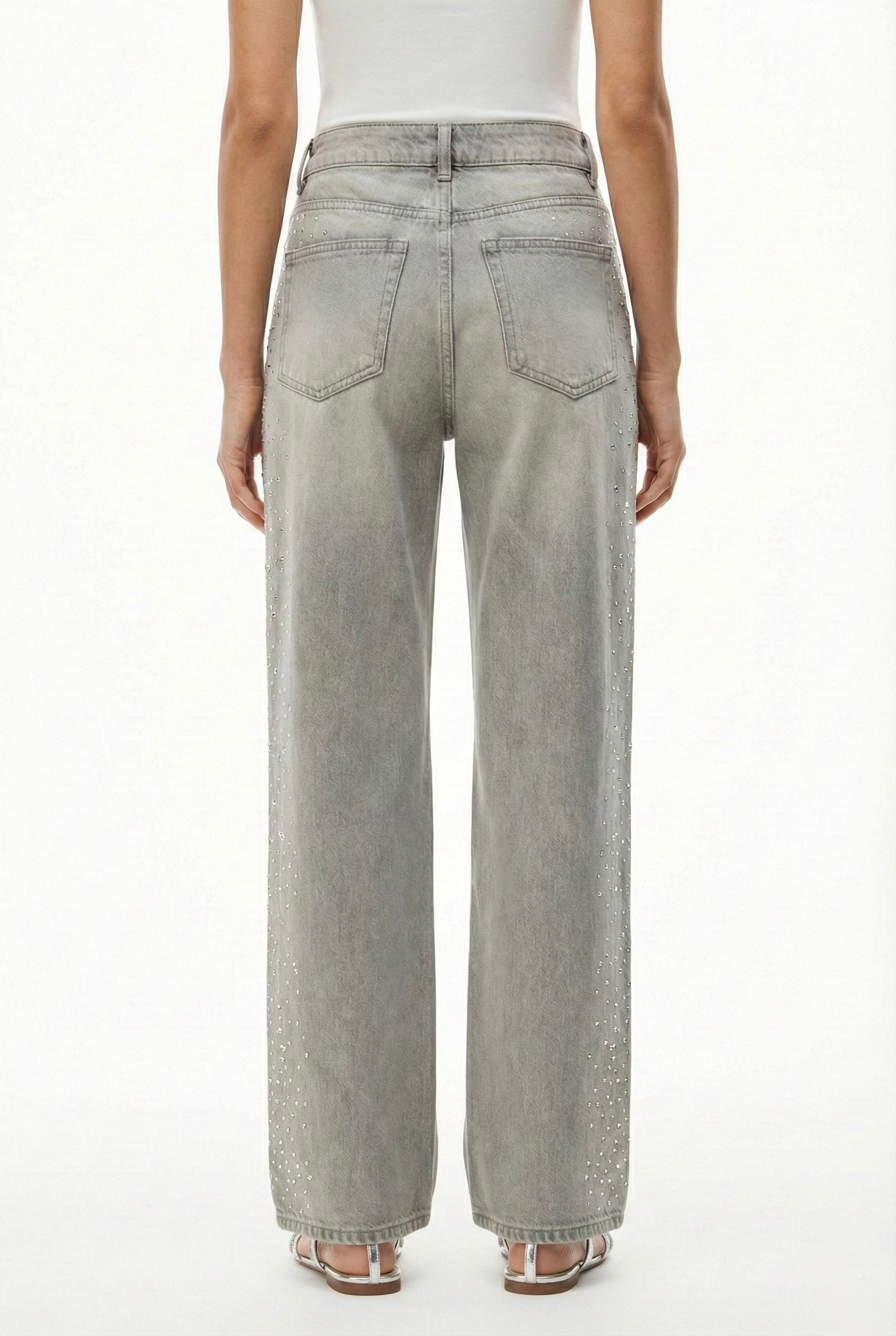 Jeans beige con strass laterali