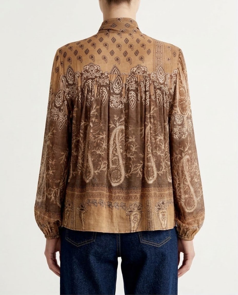 Blusa H2O Italia Stampata Beige e Marrone con Fusciacca al Collo