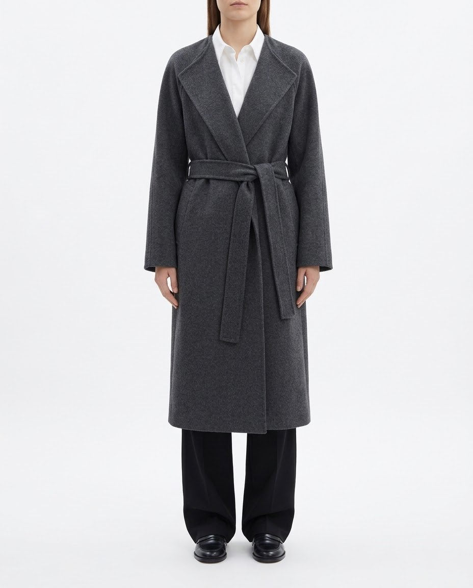 Cappotto Lungo Selected Femme Grigio Antracite in Misto Lana Riciclata con Cintura