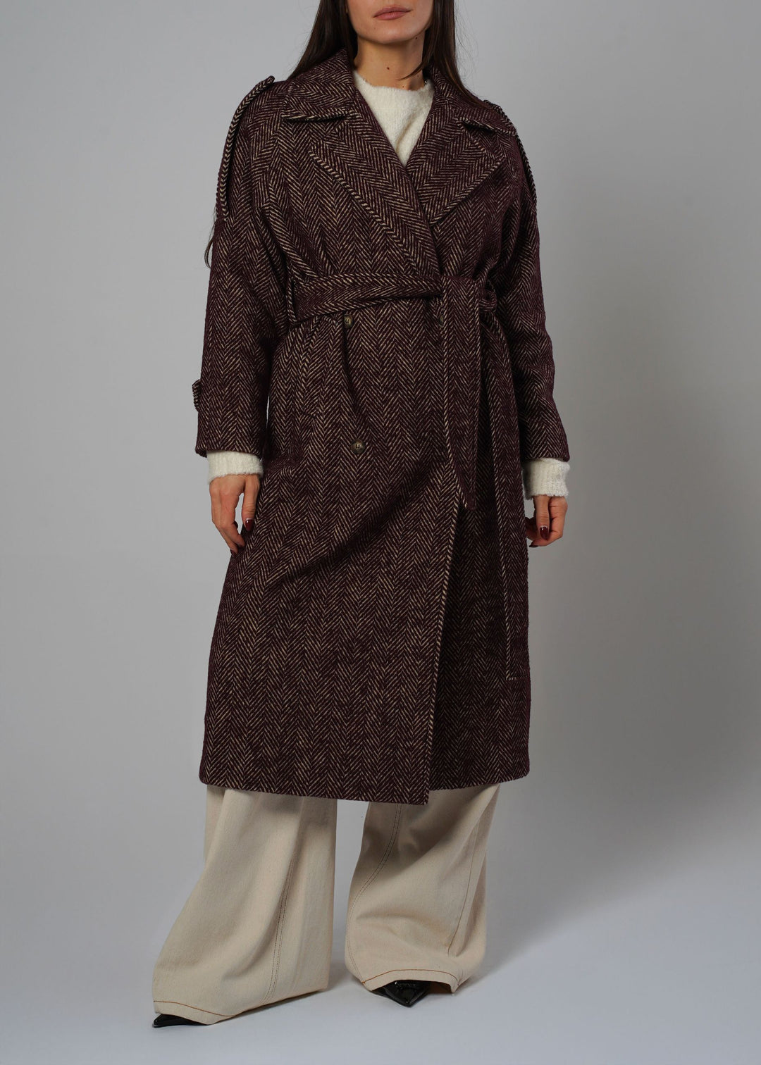 Cappotto lungo in tweed bordeaux