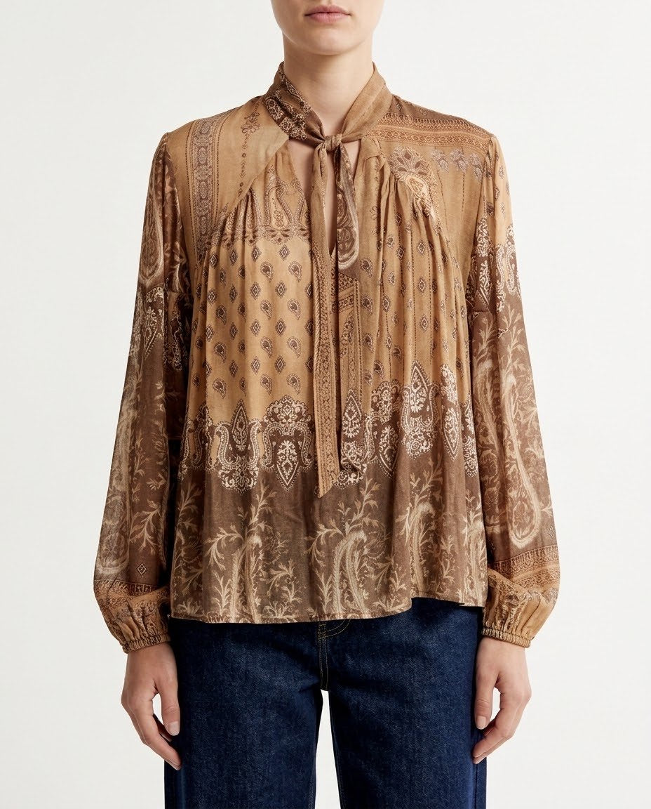 Blusa H2O Italia Stampata Beige e Marrone con Fusciacca al Collo