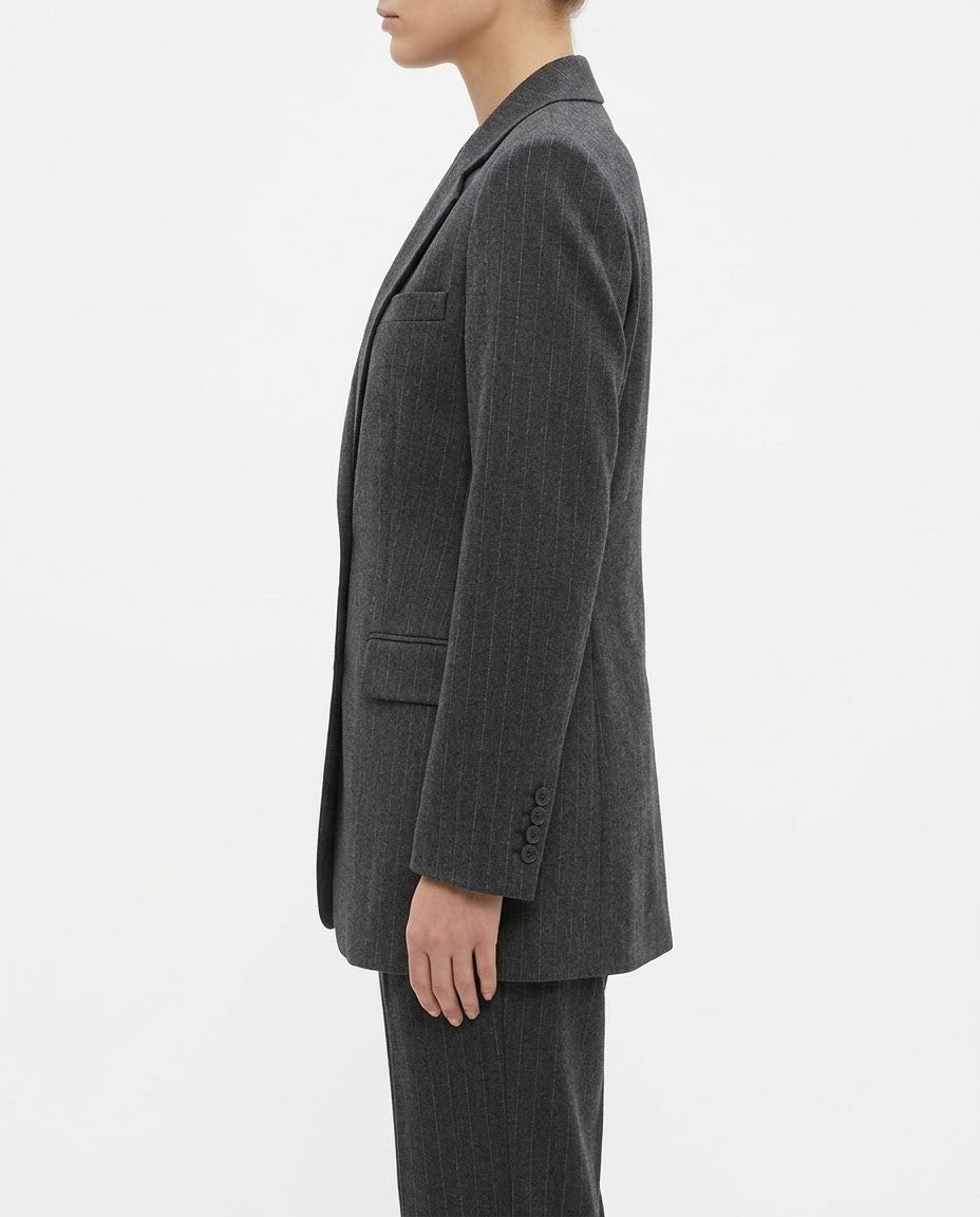 Giacca Blazer Selected Femme Gessata Grigio Antracite in Misto Lana RWS