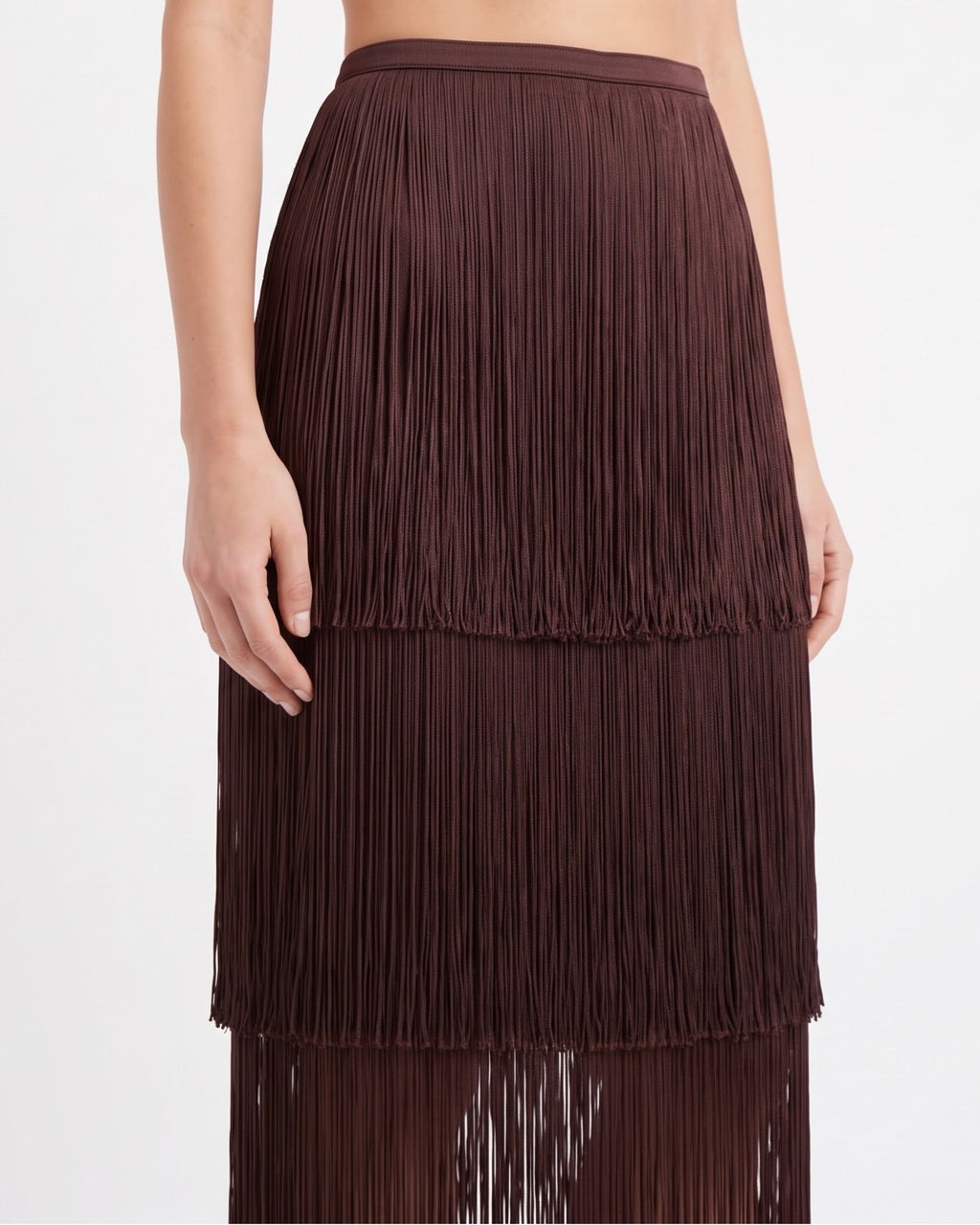 Gonna Midi Isabelle Blanche con Frange Marrone Java