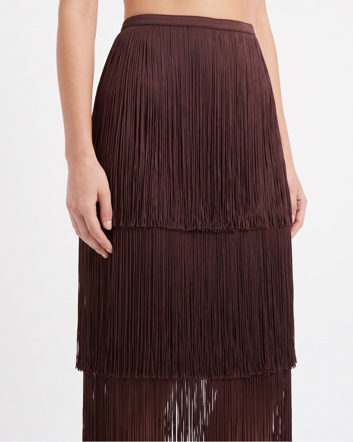 Gonna Midi Isabelle Blanche con Frange Marrone Java