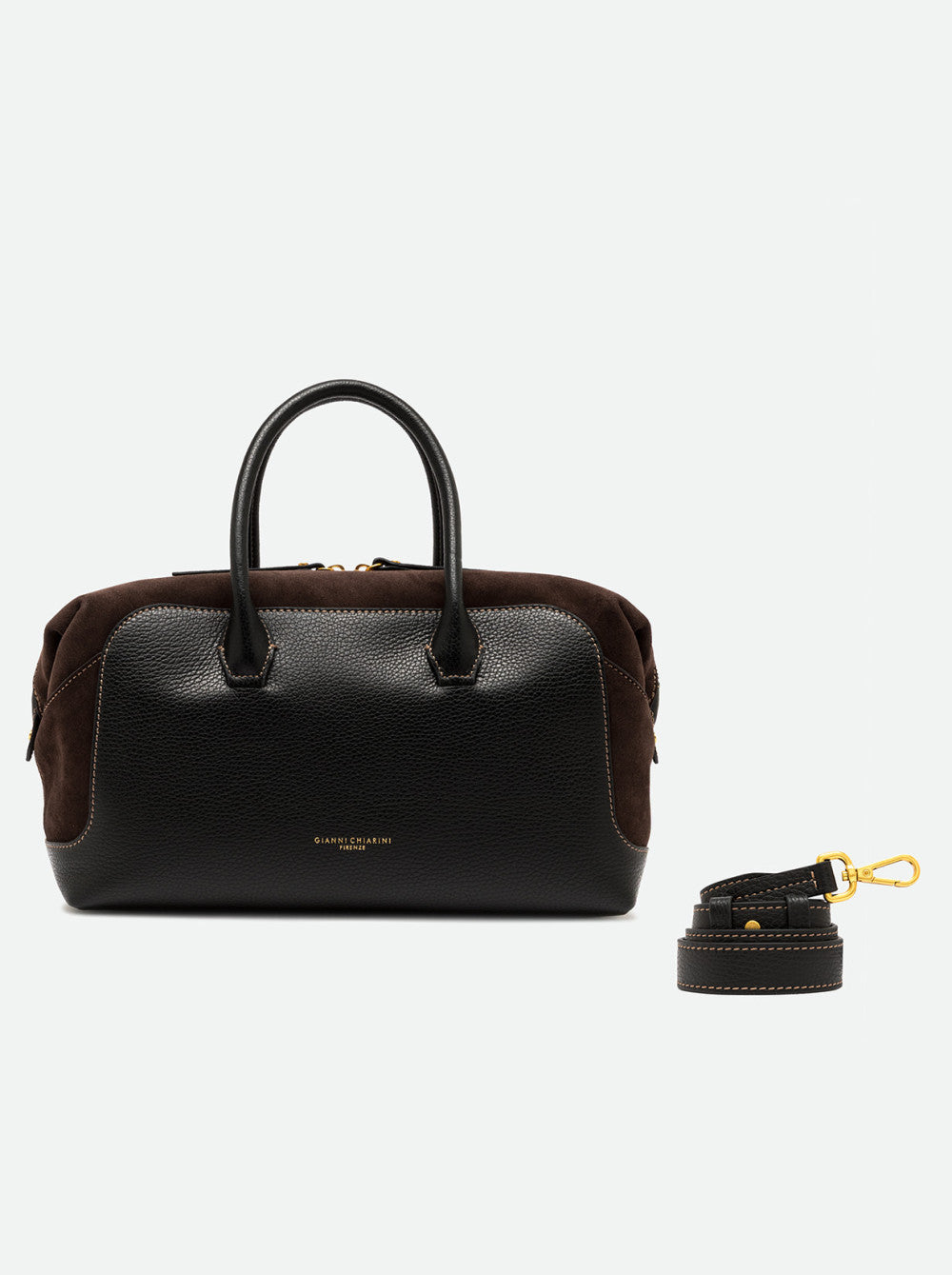 Borsa a Mano Gianni Chiarini Gemma Grande in Pelle Martellata e Camoscio Nero e Moka