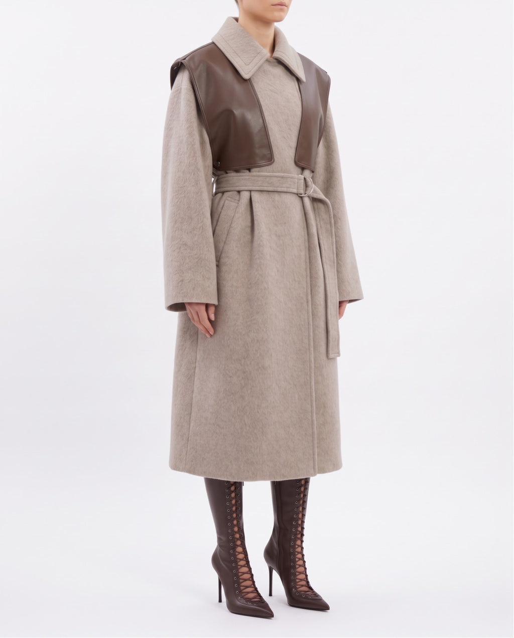 Cappotto Lungo Isabelle Blanche Tortora in Lana e Alpaca con Gilet Staccabile in Ecopelle