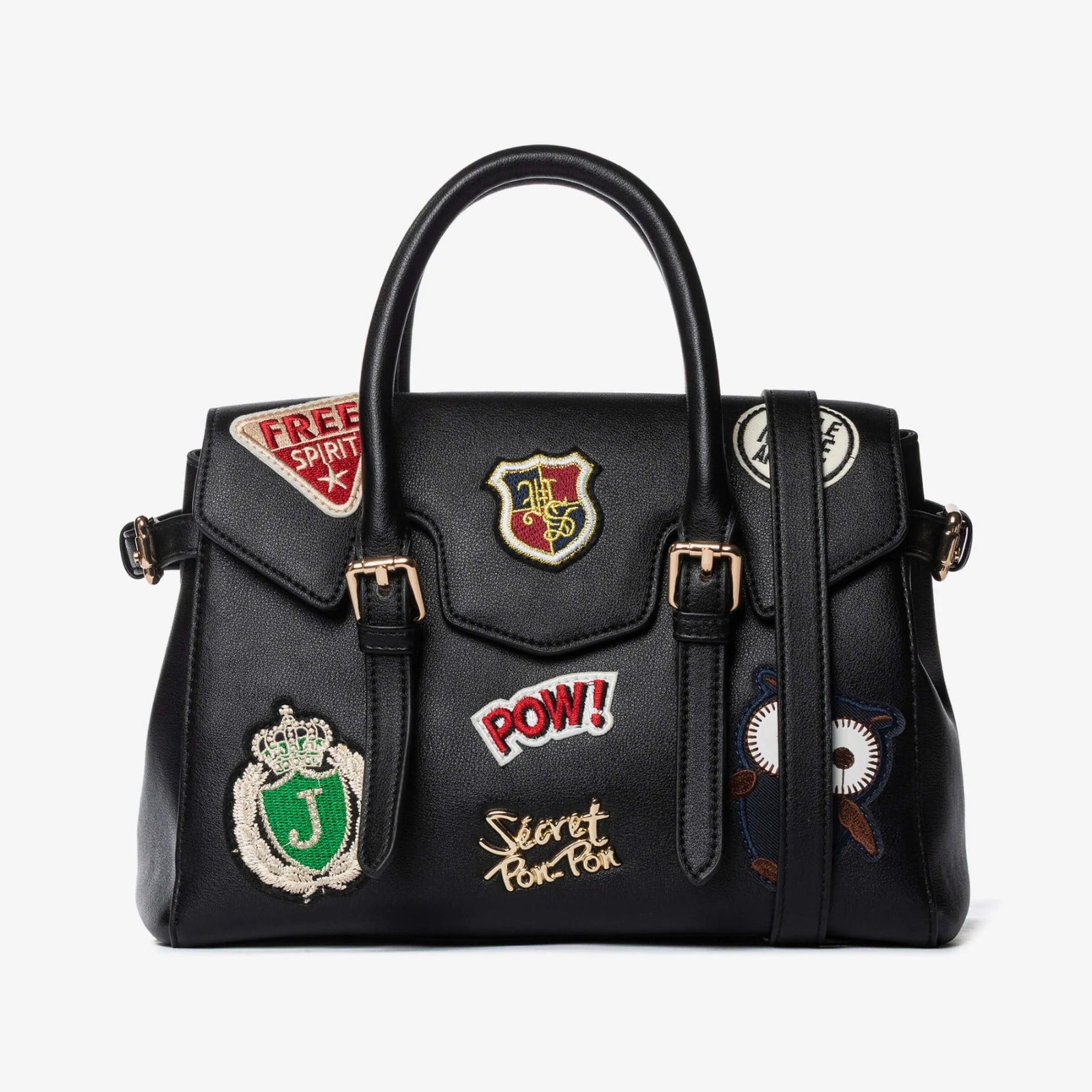 Borsa nera con patch ricamate e tracolla
