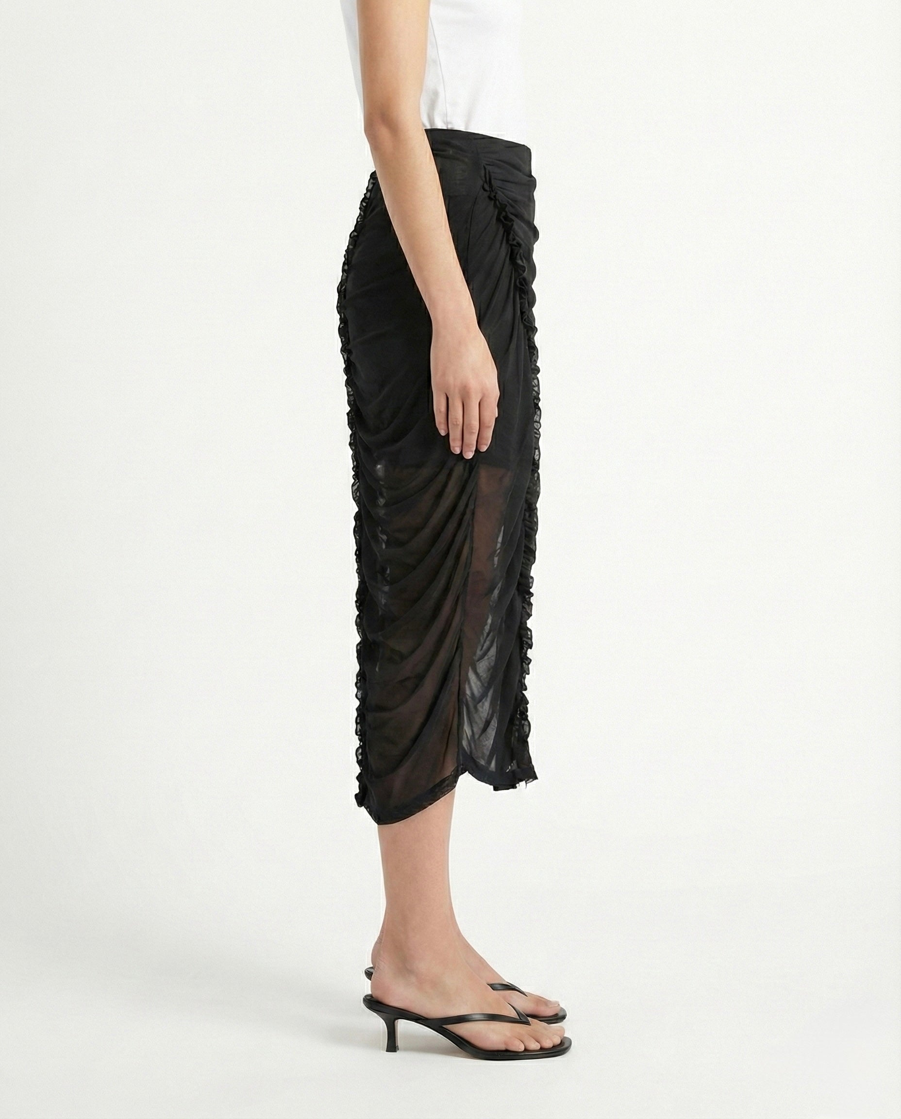 Gonna midi semi trasparente con arricciature