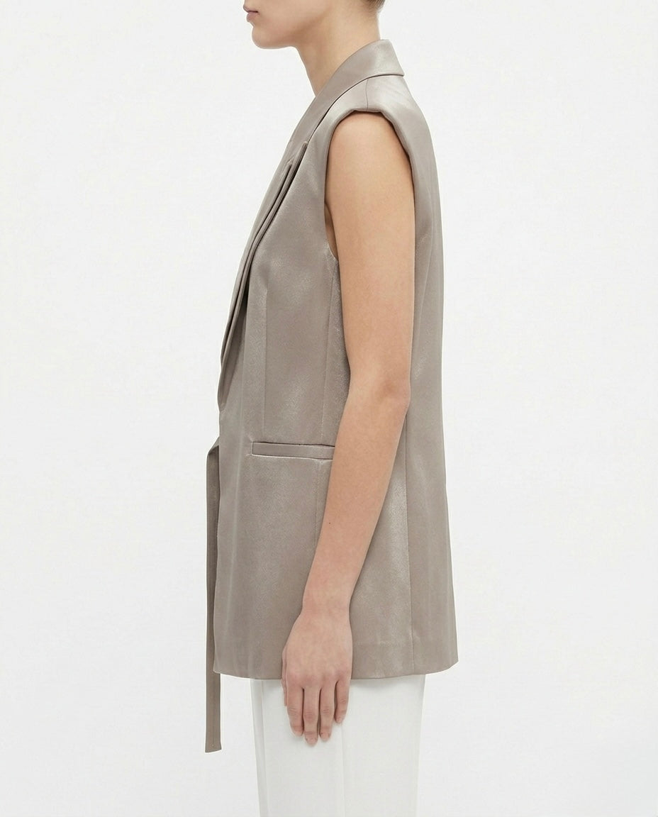 Gilet lungo in tessuto fluido con revers