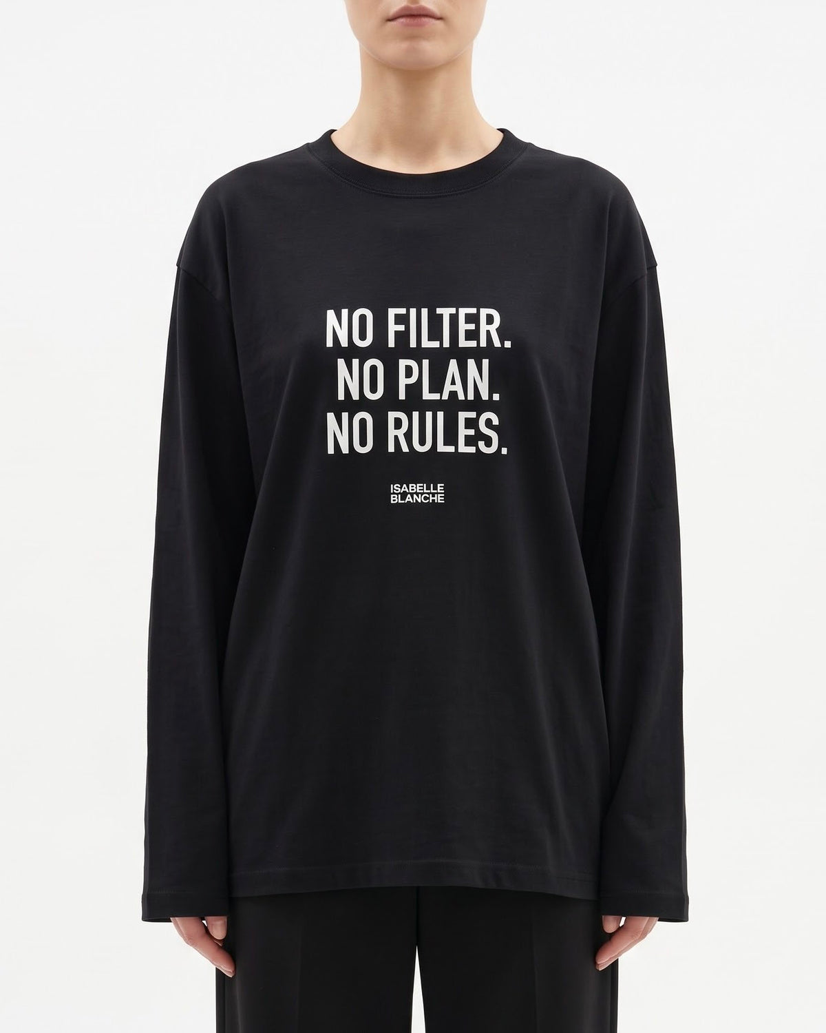 T-Shirt a Manica Lunga Isabelle Blanche con Stampa “No Filter, No Plan, No Rules” Ecrù e Nera