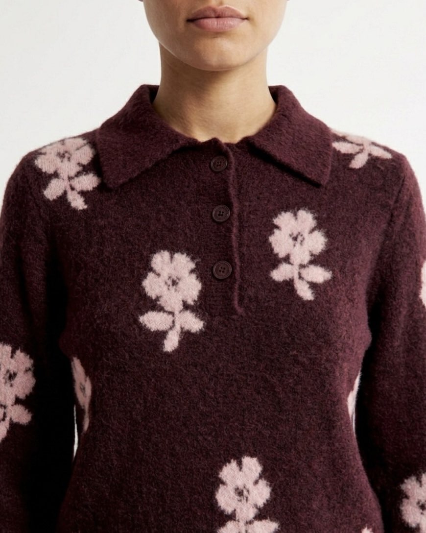 Polo in Maglia Isabelle Blanche Jacquard Floreale in Lana e Yak