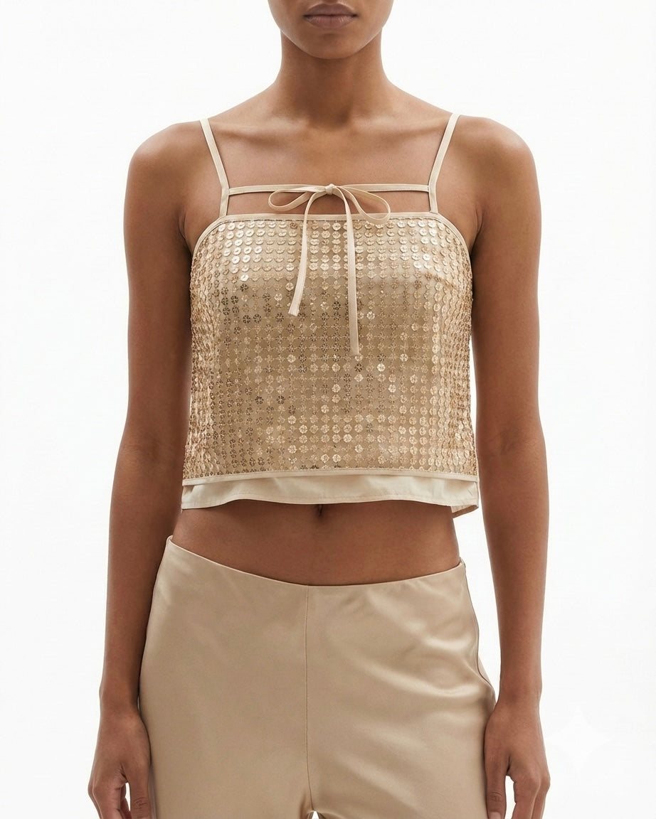 Top paillettes oro con spalline sottili