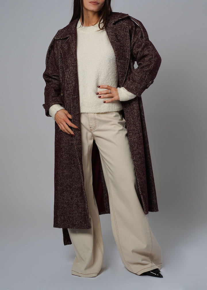 Cappotto lungo in tweed bordeaux