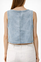Top in denim con fiori ricamati