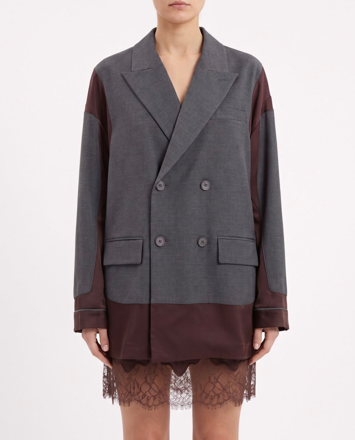 Blazer Doppiopetto Isabelle Blanche Antracite Relaxed Fit con Inserti in Raso