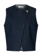 Top smanicato in denim con chiusura asimmetrica