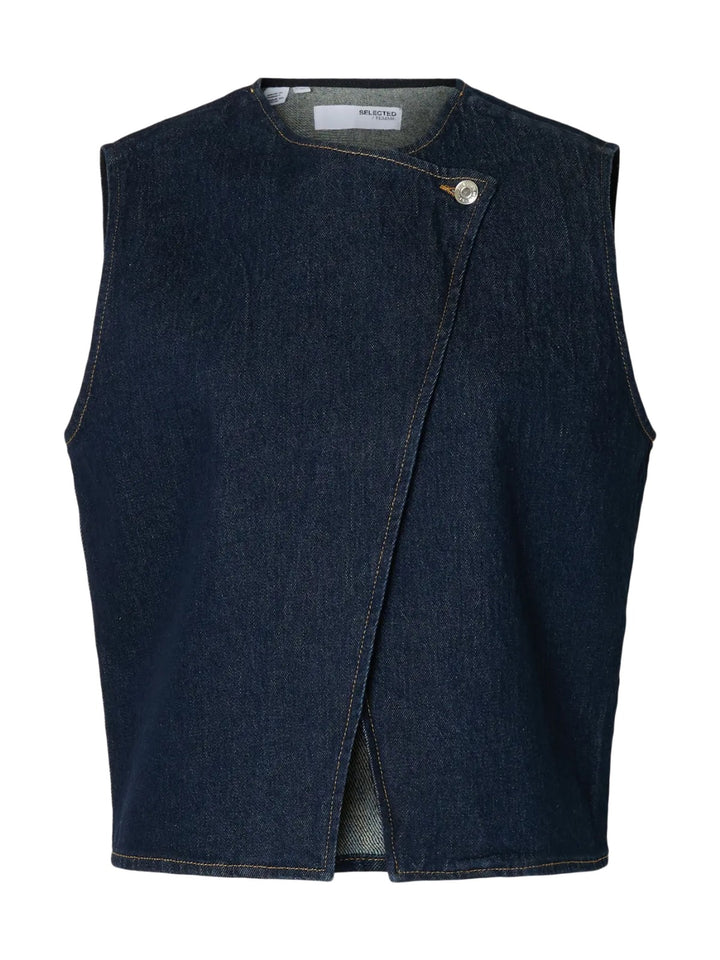 Top smanicato in denim con chiusura asimmetrica