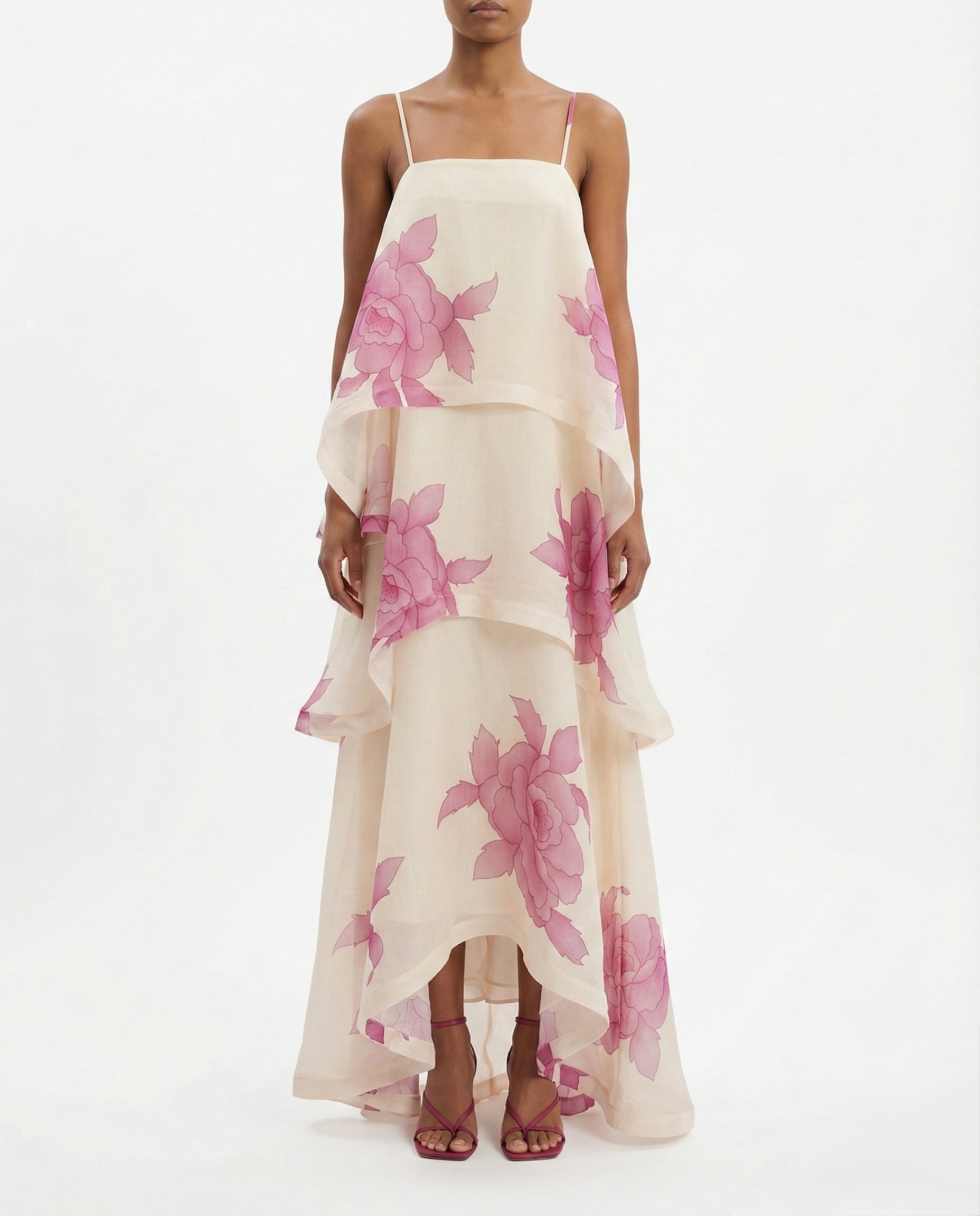 Abito lungo floreale con balze