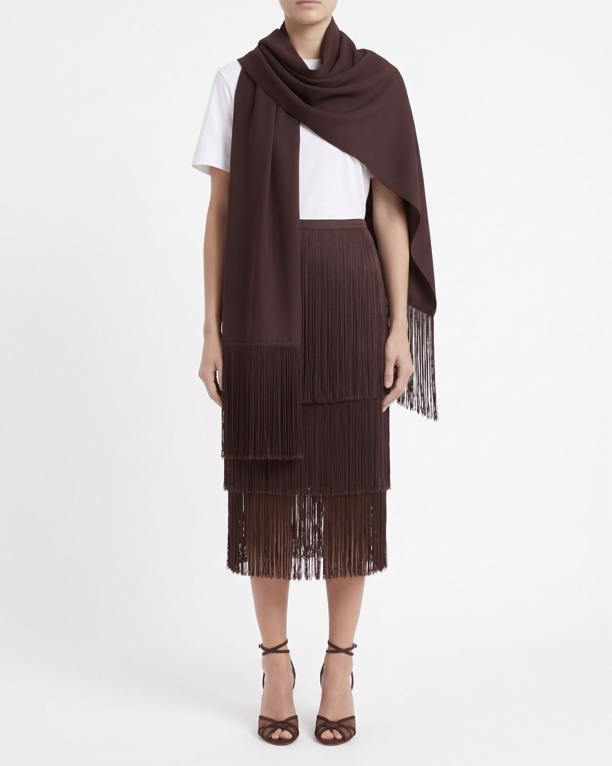 Gonna Midi Isabelle Blanche con Frange Marrone Java