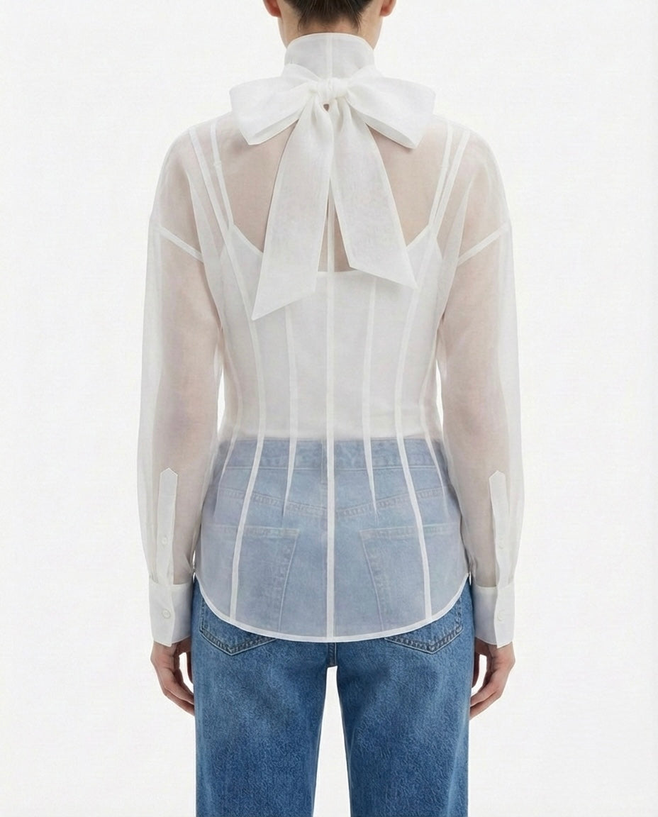 Blusa velata con collo alto